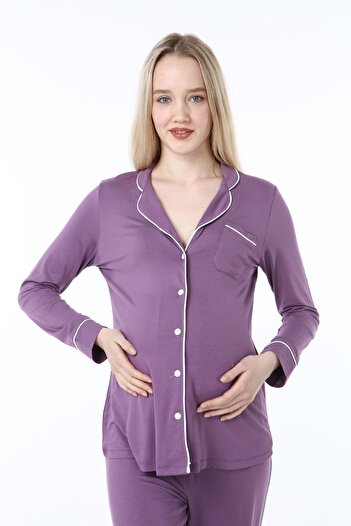 Luvmabelly Myra9552 Düğmeli Biyeli Hamile Pijama Takımı -mor