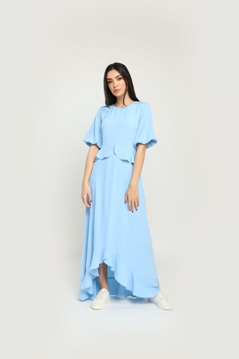 Nichii Solid Long Ruffle Dress with Short Sleeves