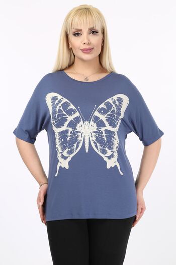 modayız Butterfly Printed Stone Large Size Tshirt 37B-2096