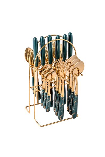 Trendy's 24-piece stainless steel cutlery set, with stand, TRENDY'S, green-gold