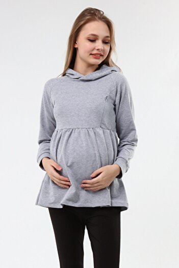 Luvmabelly Myra4530 Gathered Zippered Breastfeeding Sweatshirt -grey