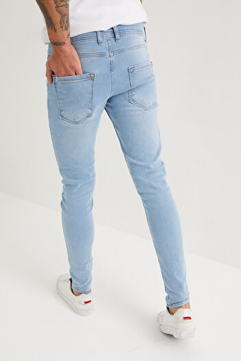 Newtime Erkek Buz Mavi Slim Fit Dar Kesim Likralı Jean Kot Pantolon Tırnaklı