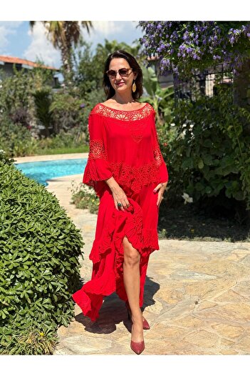 Punta Otantik Vl12008 Collar Detail Voile Dress Red