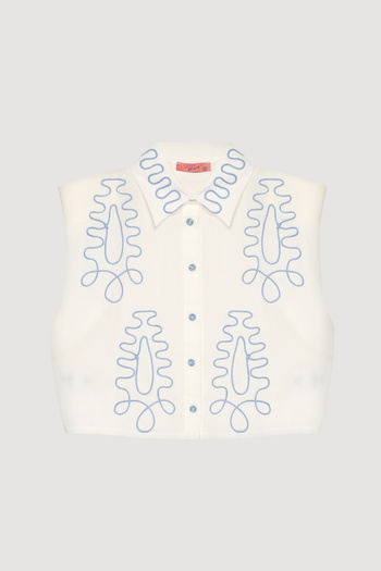 Quzu Ethnic Motif Embroidered Padded Shirt Ecru