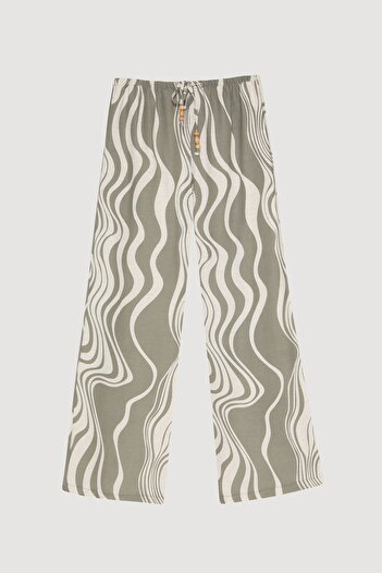 Quzu Wave Patterned Linen Loose Trousers with Elastic Waist Khaki