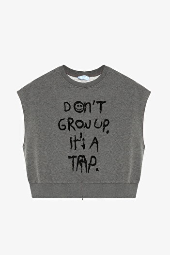 Quzu Text Printed Ribbed Waist Sleeveless Sweatshirt Anthracite