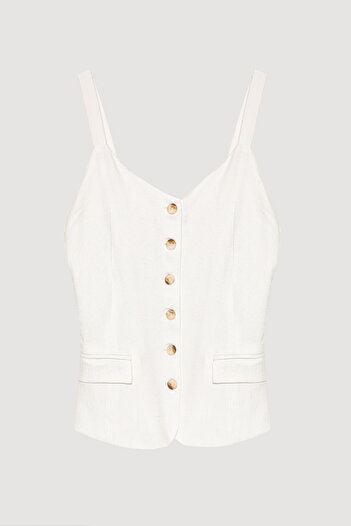 Quzu Pocket Flap Buttoned Straps Linen Blouse Ecru