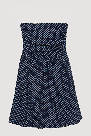 Quzu Navy Blue Strapless Polka Dot Mini Balloon Dress