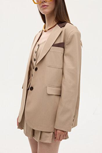 Quzu Μπουφάν Oversize Blazer με γαρνιτούρα με μαντήλι με αντίθεση μπεζ