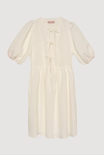 Quzu Balloon Sleeve Bow Tie Mini Dress Ecru