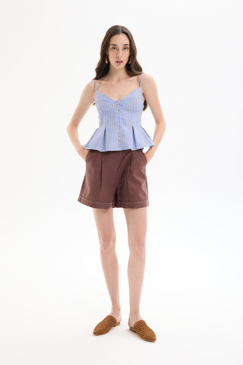 Quzu Striped Pleat Detailed Thin Strap Blouse Blue
