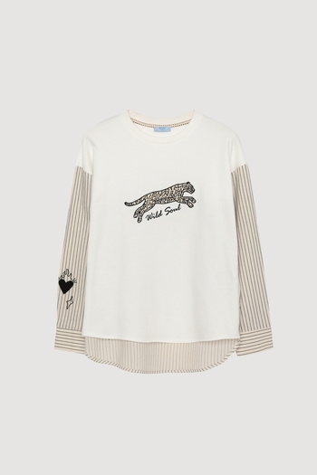 Quzu Leopard Printed Checked Sweatshirt Ecru Color
