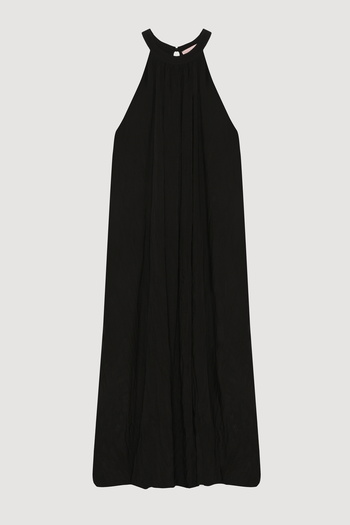 Quzu Crinkle Look Halter Neck Long Dress Black