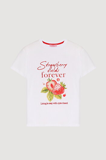 Quzu Strawberry Printed Text Embroidered T-Shirt White