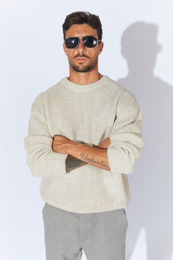 TENA Men's Beige Crew Neck Braided Knitwear Sweater