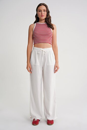 Mixray 4629 Women's Wide Leg High Waist Viscose Palazzo Pants White
