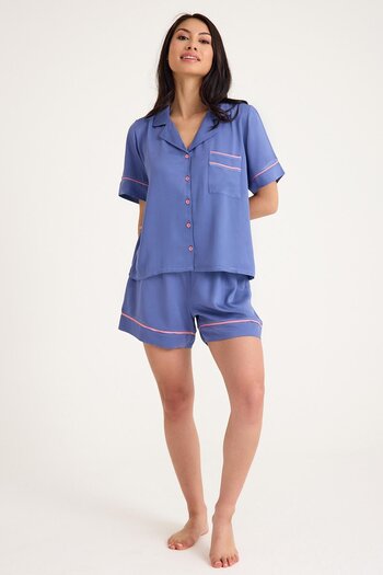 Amarelle Set de pijamale cu mâneci scurte din viscoză gri albastru Dream, cu nasturi în față, cu pantaloni scurți