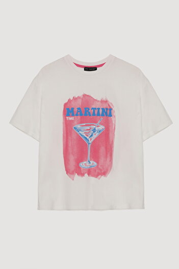 Quzu Colorful Glass Printed Basic T-Shirt Ecru