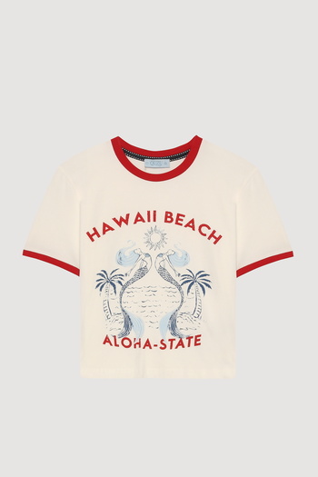 Quzu Striped Text Printed Crop Top Ecru