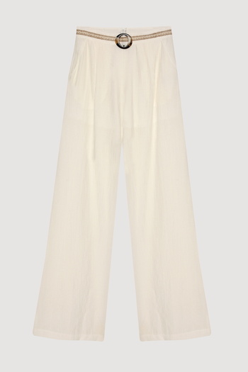 Quzu Embroidered Waist Wide Leg Trousers with Buckle Accessories Ecru