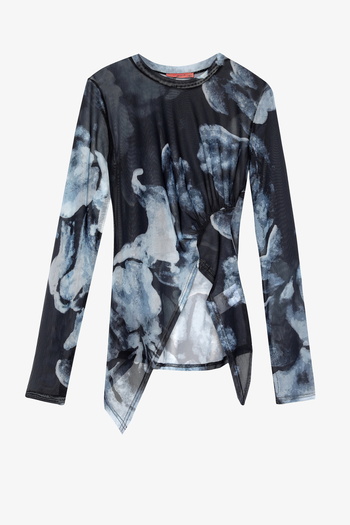 Quzu Batik Patterned Asymmetrical Tulle Blouse Navy Blue
