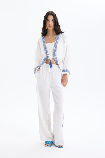 Quzu Strip Embroidered Elastic Waist Wide Leg Trousers Ecru