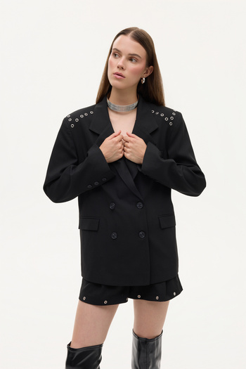 Quzu Bird's Eye Detailed Double Button Oversize Blazer Jacket Black