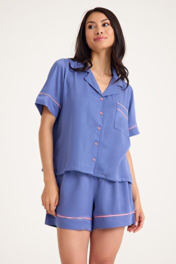 Amarelle Set de pijamale cu mâneci scurte din viscoză gri albastru Dream, cu nasturi în față, cu pantaloni scurți