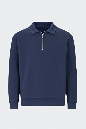 Valiberta Scuba Modal Fabric Relaxed Fit Half Zipper Polo Collar Men's Sweatshirt - Navy Blue