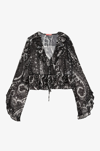 Quzu Ethnic Patterned Ruffled V-Neck Tulle Blouse Black