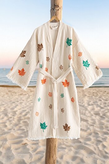 VAROL Organic 100% Cotton Kimono Collar Bathrobe Beach Dress - Autumn