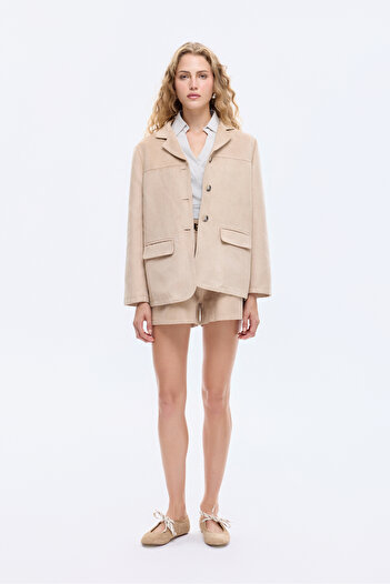 Quzu Suede Look Blazer Jacket με τσέπη στο κάλυμμα Μπεζ