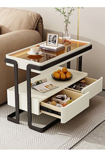 Raffine 2 Tiers Multipurpose Modern Design Side Table with 2 Storage Drawers