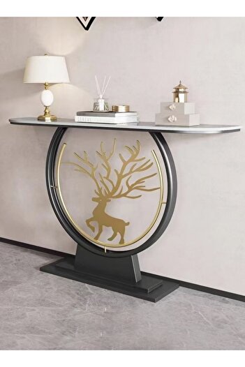 Raffine Modern Circular Shape Design with Gold Metal Deer Decor Rustproof Rock Slab Tabletop Contemporary Co