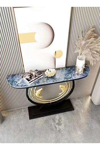Raffine Modern Half Moon Shape Design with Metal Fishes Rustproof Rock Slab Tabletop