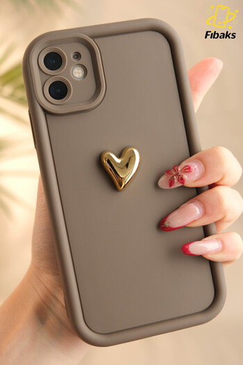 Fibaks Apple iPhone 11 Case 3D Heart Design Brown Pattern Soft Camera Protection Silicone Cover