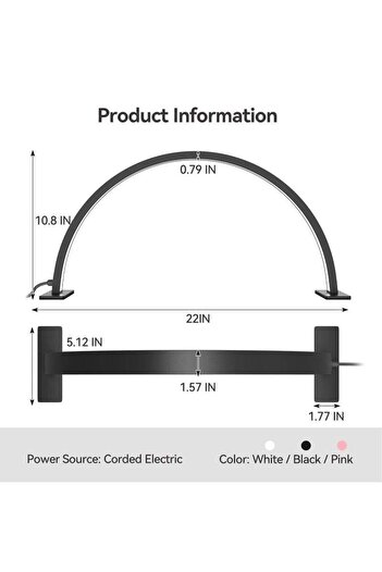 Bukela 22inch Half Moon Light Nail Lamp for Desk, LED Nail Tech Lamp Lash Light for Professionals