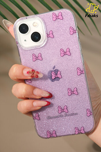 Fibaks Apple iPhone 13/14 Compatible Case Purple Glitter Bow Pattern Colorful Shiny Shock Absorbing Cover