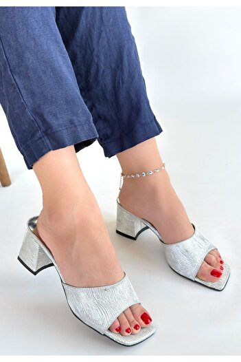 BEEMU Luart Silver Glitter Heeled Slippers