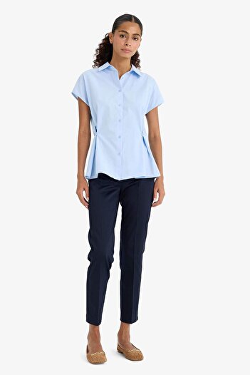 DeFacto Navy Blue Satin Cigarette Pants - Elastic Waist, Straight Leg J8743Az24Wn