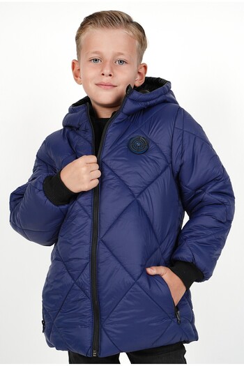 DUBLİNO KİDS Dark Blue Baklava Patterned Boy's Water and Windproof Hooded Coat with Wersoft Inside