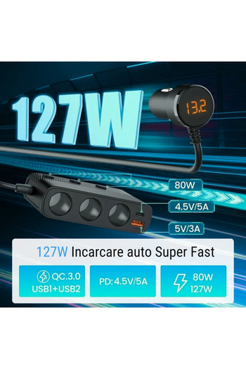 OEM Adaptor AUTO cu 3 Prize si 4 Porturi USB QC3.0/PD, Incarcare Rapida, Splitter cu Afisaj LED, Comutat