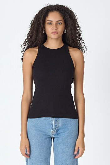 mmetalic Ribbed Regular Fit Normal Fit Black Crew Neck Zero Sleeve Cotton Women's Tank Top