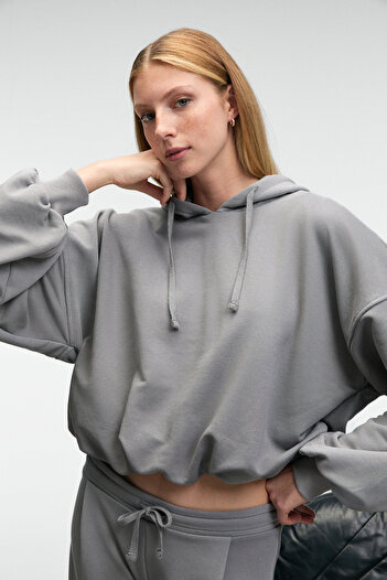 GRIMELANGE Olvera Women's Hooded Hem Balloon Oversize Gray Sweatshirt