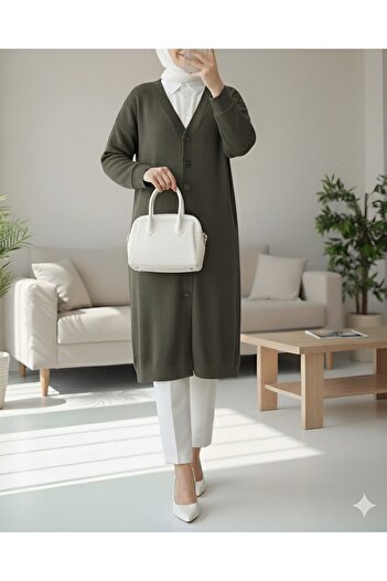 Modamorfo Corded Fabric long cardigan with buttoned fabric - khaki
