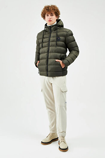 D1fference Khaki Men's Puffer Jacket - Windproof, Hooded, Sports Winter