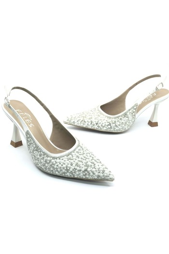 Kids Club Shoes White Feles Wedding Dress Shoes - Stone Detailed Open Back Stiletto Women's Heels
