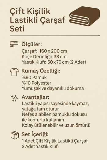 Madame Home 160*200 Set cearșafuri duble cu elastic Husă de pernă 50*70 Adâncime colț 33cm 90% bumbac