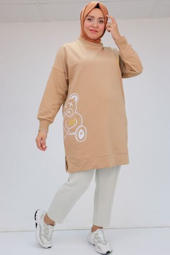 Eslina F-38128 Plus Size Printed Two Thread Tunic - Beige