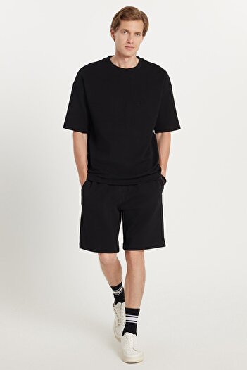Tudors Men's Standard Fit 100% Cotton Crew Neck Waist Lace-Up Black Shorts Suit
